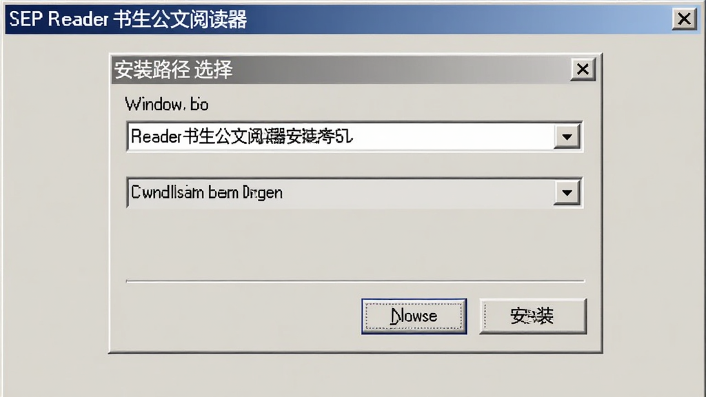 SEP Reader书生公文阅读器安装向导界面截图,画面显示安装路径选择对话框,下方有浏览按钮和安装按钮,界面风格为经典Windows安装程序样式,背景为浅色,文字清晰,画面干净整洁,无多余元素