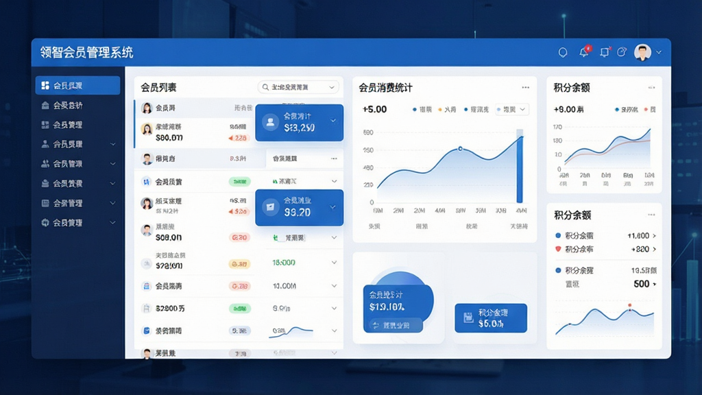 一张展示领智会员管理系统核心界面的全景图,画面中央是软件主控制台,左侧为会员列表导航,右侧显示会员消费统计图表与积分余额面板,整体布局清晰有序,采用现代商务蓝色调,风格简洁专业,细节包括数据卡片、趋势曲线和功能按钮,画质高清,画面干净,无多余元素