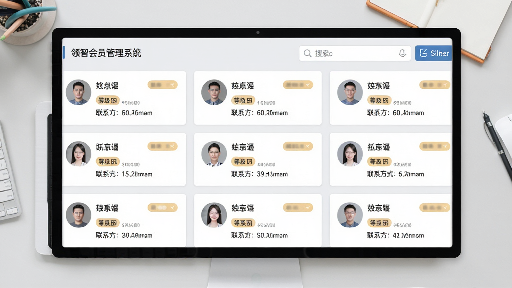 一幅展示领智会员管理系统会员档案管理界面的图片,画面主体是会员信息卡片列表,每张卡片包含头像、姓名、等级标签与联系方式,背景为浅灰色工作台,布局采用三列网格排列,风格现代简约,细节有搜索框与筛选按钮,画质清晰,画面干净,无多余元素