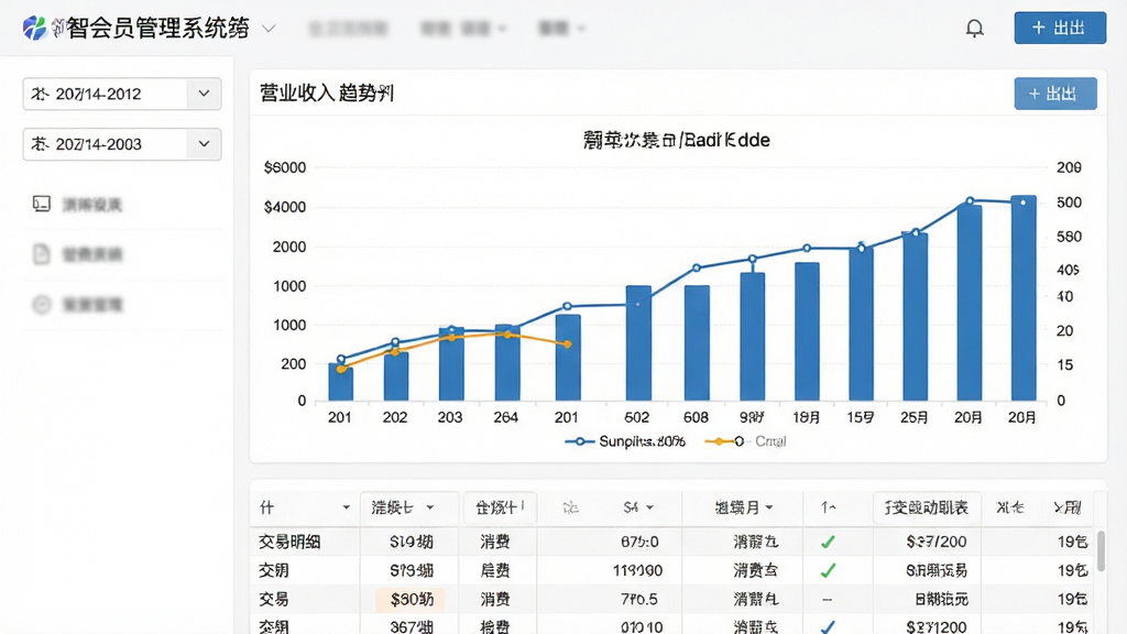 一张领智会员管理系统消费记录与报表统计的界面截图,画面中心是柱状图与折线图组合展示营业收入趋势,下方为交易明细表格,背景为白色工作区,布局左右分栏,风格清爽商务,细节包含日期筛选器与导出按钮,画质高清,画面干净,无多余元素