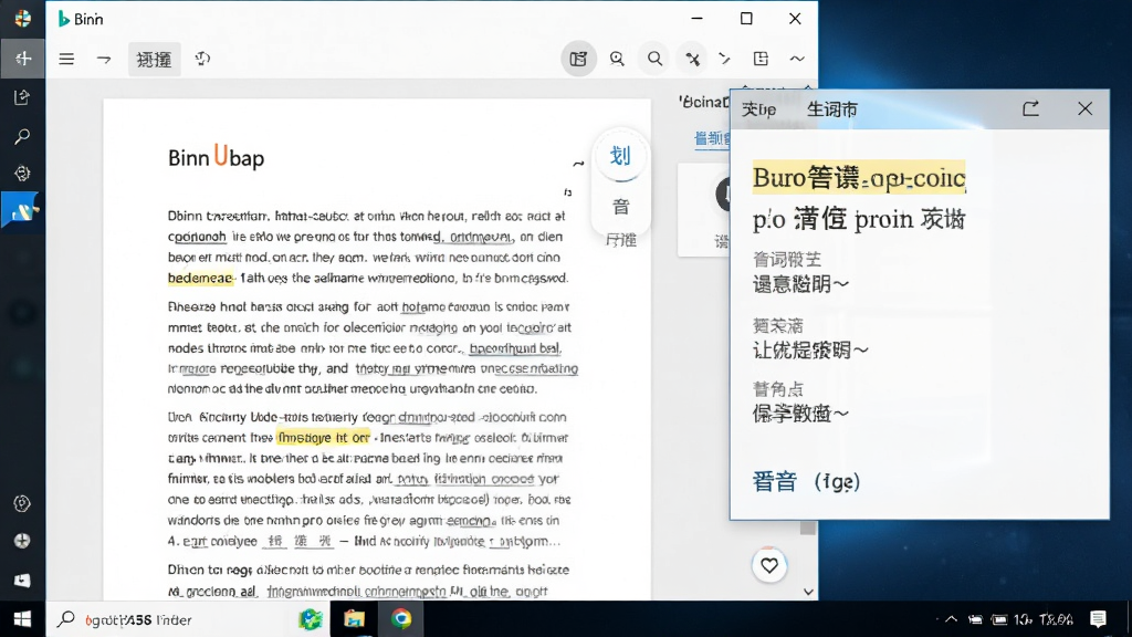 必应词典在Windows桌面上的划词翻译弹窗与生词本面板同时展示,主体为软件界面与桌面文档的叠加效果,布局为左侧文档、右侧翻译浮窗,排版自然,风格为办公场景实拍感,细节包含高亮选中的英文单词、中文释义、发音按钮,画质高清,画面干净,无多余元素
