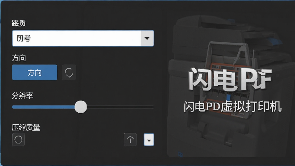 画面显示一个设置面板界面,面板上有纸张大小下拉框、方向选择按钮、分辨率滑块和压缩质量选项,面板旁边有“闪电PDF虚拟打印机”的软件标识,布局左右分栏,风格现代UI设计,细节控件清晰,画质高清,干净,无多余元素