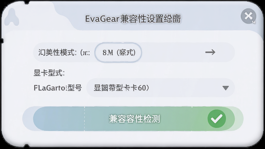 主体为EvaGear兼容性设置界面,布局为居中弹窗,风格为柔和圆角设计,细节包括渲染模式选项、显卡型号显示、兼容性检测按钮、绿色对勾图标,画质为高清、干净、无多余元素