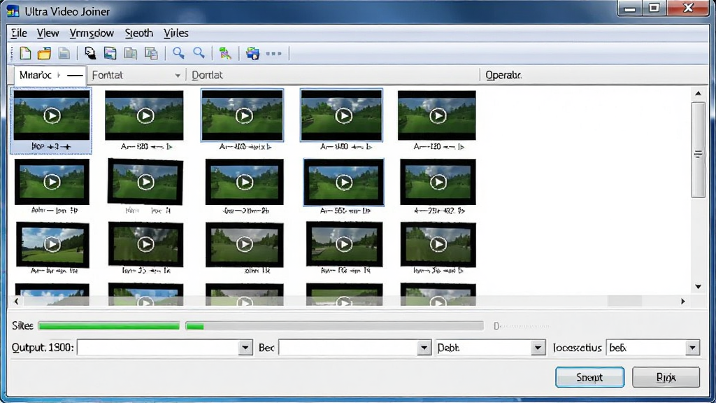 Ultra Video Joiner �����������ͼ������Ϊ������Ļ����չʾ����Ƶ�ϲ��������ڣ������Ϸ�Ϊ�˵����͹��������в�Ϊ��Ƶ�ļ��б������·�Ϊ���������ϲ���ť���Ű��������룬���Ϊ���� Windows �����������棬ϸ�ڰ��������Ƶ����ͼ���������͸�ʽѡ�������򣬻��ʸ��壬�ɾ����޶���Ԫ��