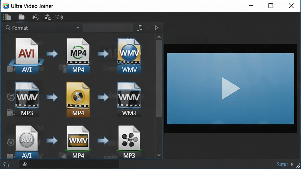 Ultra Video Joiner ���ʽ��Ƶ�ϲ�����չʾͼ������Ϊ���������ڶ����ͬ��ʽͼ�꣨AVI��MP4��WMV���������ļ��б��У��������Ϊ�ļ��б����Ҳ�Ϊ���Ԥ�����ڣ��Ű��࣬���Ϊ�ִ��������棬ϸ�ڰ�����ʽ��ǩ�ͺϲ���ͷָʾ�����ʸ��壬�ɾ����޶���Ԫ��
