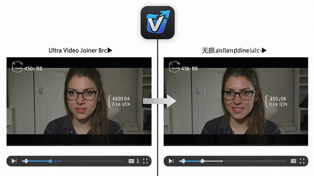 Ultra Video Joiner ����ϲ����ʶԱ�ͼ������Ϊ���ҷ���չʾԭʼ��Ƶ��ϲ�����Ƶ�������ȶԱȣ������Ϸ�Ϊ����ͼ�꣬�в�Ϊ������Ƶ���Ŵ��ڣ��Ű�Գƣ����Ϊ����չʾ���ϸ�ڰ������ʲ�����ǩ�ͶԱȼ�ͷ�����ʸ��壬�ɾ����޶���Ԫ��