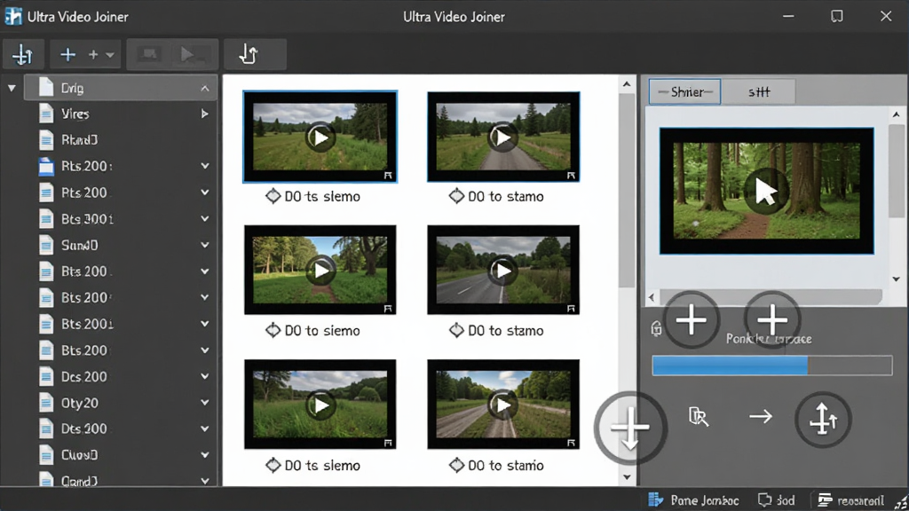 Ultra Video Joiner �����ϲ���������ͼ������Ϊ���������������Ŷ����Ƶ�ļ�����ͼ���������Ϊ�ļ��б����Ҳ�Ϊ����ť�ͺϲ����������Ű����룬���ΪЧ�ʹ��߽��棬ϸ�ڰ�����קͼ�������������ʶ�����ʸ��壬�ɾ����޶���Ԫ��