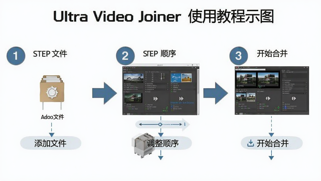 Ultra Video Joiner ʹ�ý̳�ʾ��ͼ������Ϊ������Ļչʾ�����������̣����ִ���������Ϊ�����ļ�������˳�򡢿�ʼ�ϲ��������裬�Ű����չ�������Ϊ�̳�ͼ����ϸ�ڰ��������źͼ�ͷָʾ�����ʸ��壬�ɾ����޶���Ԫ��