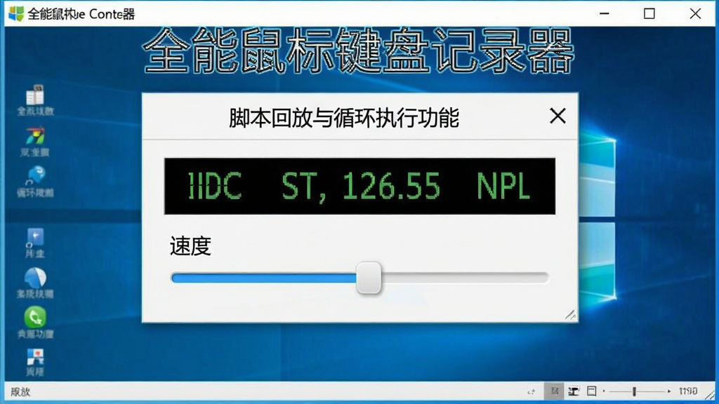 一幅展示全能鼠标键盘记录器脚本回放与循环执行功能的示意图,画面中央是回放控制面板,显示循环次数和速度调节滑块,背景为Windows界面风格,画面中标注软件名称“全能鼠标键盘记录器”,布局清晰,画质干净,无多余元素