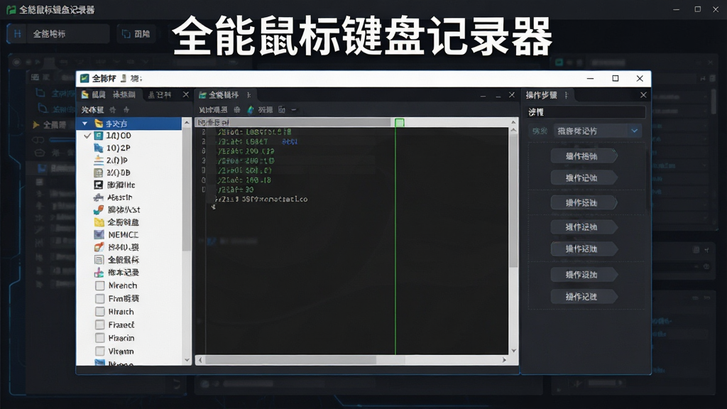 一幅展示全能鼠标键盘记录器脚本编辑与管理功能的示意图,画面中央是脚本编辑界面,左侧为脚本列表,右侧为操作步骤详情,背景为深色专业风格,画面中标注软件名称“全能鼠标键盘记录器”,排版整洁,画质清晰,无多余元素