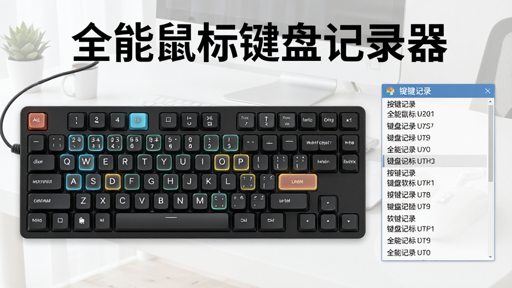 一幅展示全能鼠标键盘记录器键盘按键记录功能的示意图,画面中央是一个键盘,按键上有高亮标记,旁边显示按键记录列表,背景为浅色办公环境,画面中标注软件名称“全能鼠标键盘记录器”,排版清晰,画质干净,无多余元素