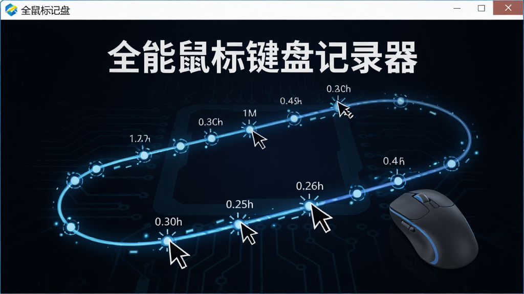 一幅展示全能鼠标键盘记录器精准录制鼠标轨迹功能的示意图,画面中鼠标指针沿一条清晰路径移动,路径上标注了多个点击节点,背景为深色科技风格,画面中央显示软件名称“全能鼠标键盘记录器”,布局简洁,画质清晰,无多余元素