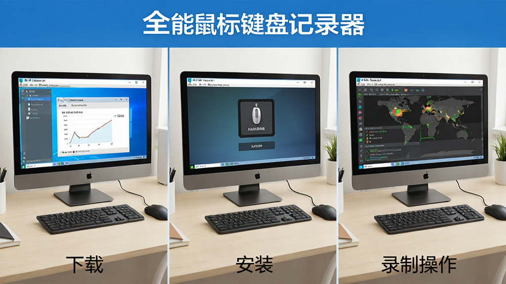 一幅展示全能鼠标键盘记录器在Windows电脑上安装和使用步骤的示意图,画面分为三个区域分别显示下载、安装、录制操作,背景为浅色办公桌面,画面中标注软件名称“全能鼠标键盘记录器”,排版清晰,画质干净,无多余元素