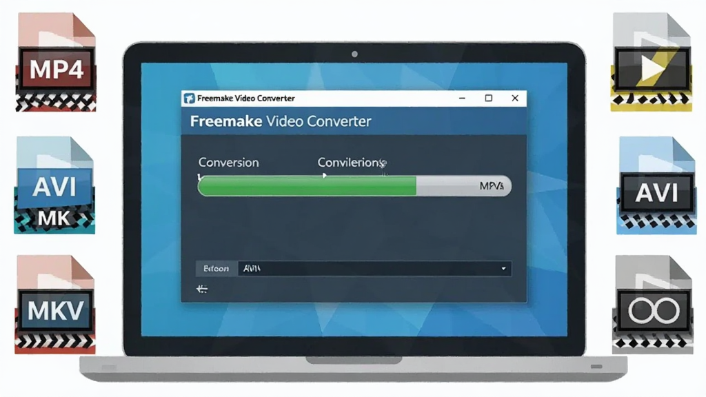 ��������Ϊһ̨�ʼǱ�������Ļ����Ļ����ʾ Freemake Video Converter ��������ִ����Ƶ��ʽת�����񣬽�������ʾת���У��Ա��ж����Ƶ��ʽͼ����MP4��AVI��MKV����������������Χ�����־��У����Ϊ�Ƽ��б�ƽ�廭��ϸ�����������ʸɾ����޶���Ԫ�أ���Ļ��������ʾ��Freemake Video Converter��