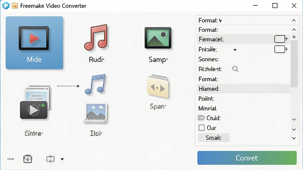 һ��չʾ Freemake Video Converter �����������ͼƬ�������������������ڣ������ʾ��Ƶ����Ƶ��ͼƬ��ת��ѡ��ͼ�꣬�Ҳ��Ǹ�ʽѡ�����򣬽������������ײ���ת����ť��������Ϊ�ִ���ƽ����ƣ����������ɾ����޶���Ԫ�أ�ͼƬ�����ֱ�ע��Freemake Video Converter��