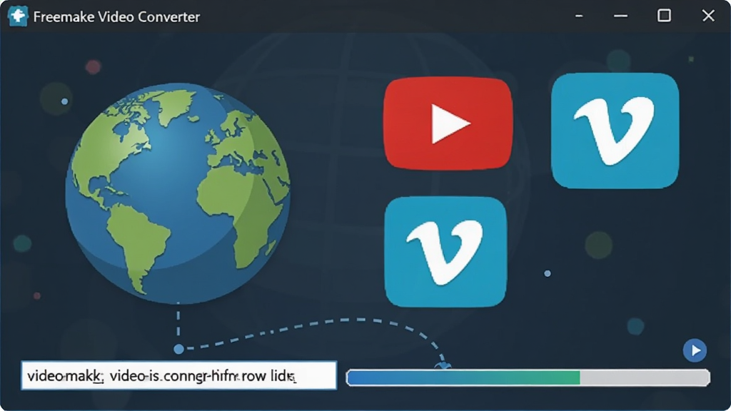 ����չʾ Freemake Video Converter �������ڴӻ�����������Ƶ����������һ������ͼ��Ͷ����Ƶ��վ��־��YouTube��Vimeo��һ��������������Ƶ�������������ؽ����������Ϊ��ƽ���Ƽ��廭�����������ɾ����޶���Ԫ�أ�������������ʾ��Freemake Video Converter��