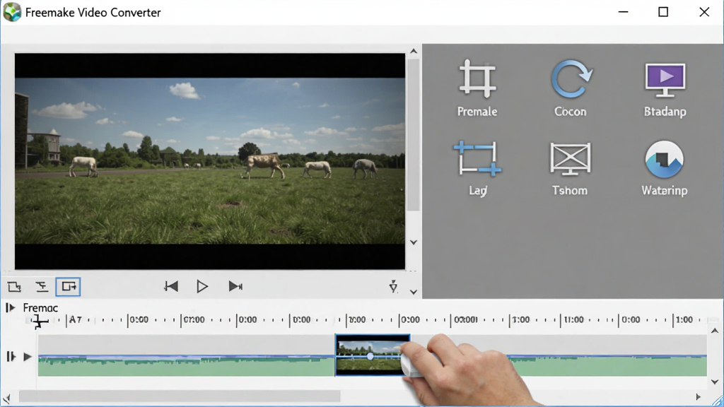 һ��չʾ��Ƶ�༭����������ͼƬ�������� Freemake Video Converter �����ı༭����򿪣��������ƵԤ�����ڣ��Ҳ������Ųü�����ת����Ļ��ˮӡ�ȱ༭����ͼ�꣬�û������϶�ʱ������вü���������Ϊ�������������ͼ��񣬻��������ɾ����޶���Ԫ�أ���������ʾ��Freemake Video Converter������