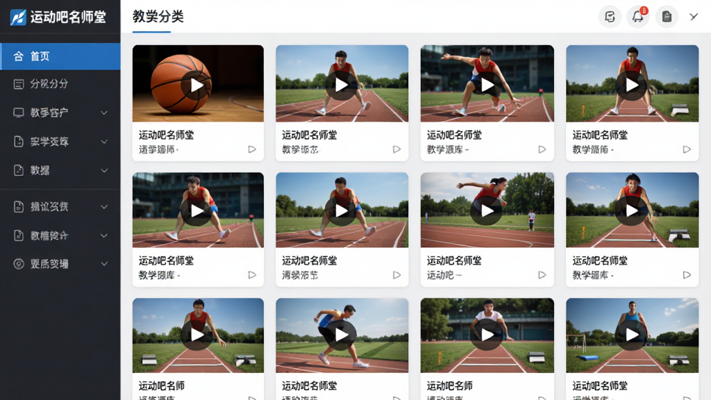 运动吧名师堂教学资源库页面,主体为软件界面中排列整齐的视频卡片与文档图标,布局为网格状排列,排版包含左侧分类导航与右侧内容区,风格为清爽教育风,细节包含篮球、跑步、跳远等运动缩略图与“运动吧名师堂”标识,画质高清、干净、无多余元素