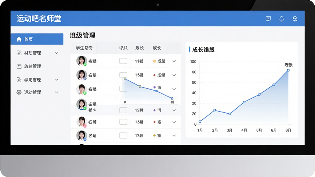 运动吧名师堂班级管理界面,主体为电脑屏幕显示学生名单表格与成长曲线图,布局为左侧导航栏与右侧主内容区,排版整齐,风格为简洁办公风,细节包含姓名头像、成绩折线图与“运动吧名师堂”界面标题,画质清晰、干净、无多余元素