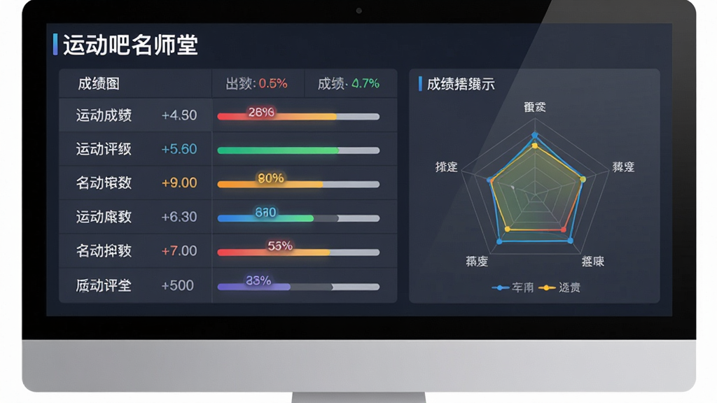运动吧名师堂成绩评分界面特写,主体为电脑屏幕上的评分表格与雷达图,布局为上下分栏,排版左侧为成绩列表右侧为数据图表,风格为商务简约数据风,细节包含分数数字、彩色进度条与“运动吧名师堂”字样,画质高清、干净、无多余元素