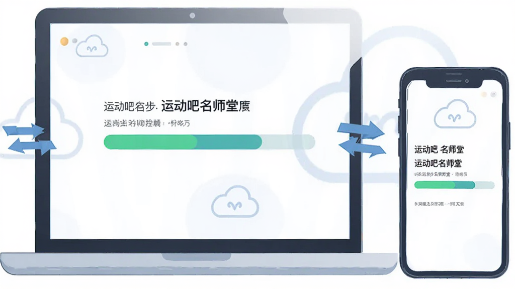 运动吧名师堂多端同步示意图,主体为笔记本电脑与智能手机并排摆放,屏幕与手机界面均显示运动吧名师堂的数据同步进度条,布局为左右对称,排版居中,风格为扁平化科技插画,细节包含云朵图标、双向箭头与设备轮廓,画质清晰、干净、无多余元素