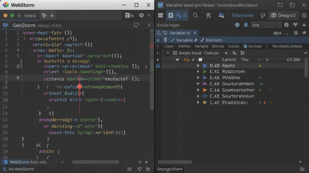 一张分屏对比图,左侧是带有“WebStorm”标识的代码编辑窗口,代码行上有一个红色的断点标记;右侧是调试工具窗口,显示着变量监视和调用堆栈信息。整体风格为专业的软件开发界面截图风格,布局清晰,色彩以深灰和蓝色为主,画质高清,干净整洁。
