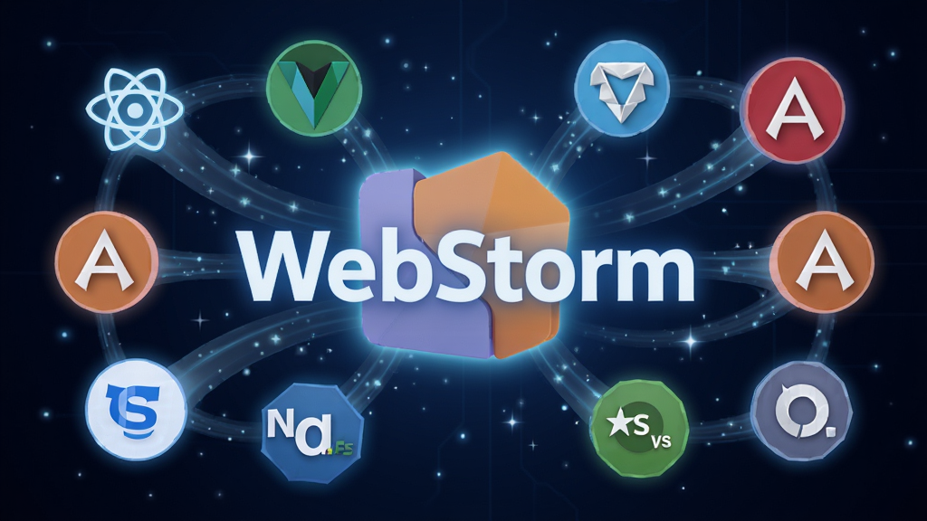 一张创意概念图,画面中央是一个发光的“WebStorm”标志,周围环绕着多个知名前端框架和语言的图标,如 React、Vue、Angular、TypeScript、Node.js 等,图标之间用光带连接。背景为深邃的星空或科技蓝渐变,风格为未来科技感,细节精致,画质为4K,画面干净大气。