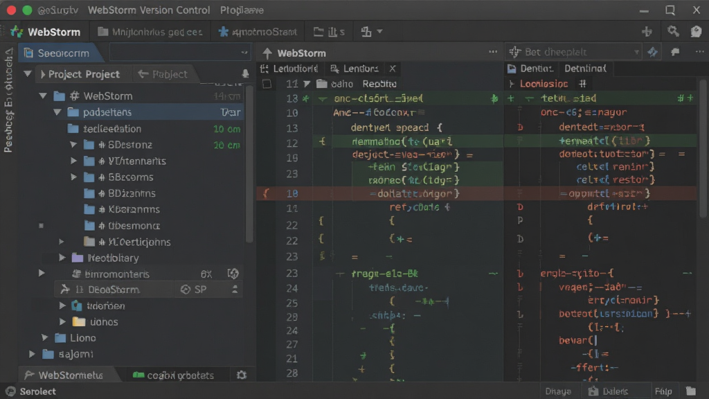 一张软件界面截图,展示“WebStorm”的版本控制面板,左侧是项目文件树,右侧是代码差异对比视图,用绿色和红色高亮显示新增和删除的代码行。界面风格统一为深色主题,布局工整,画质为2K高清,画面干净无干扰元素。