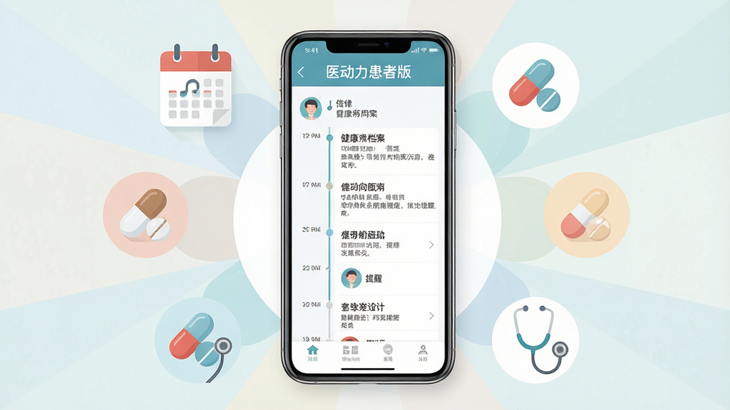 一幅展示“医动力患者版”健康档案与消息提醒功能的综合场景图,画面以手机为中心,屏幕显示健康档案时间轴和提醒列表,周围环绕日历图标、药丸图标、听诊器图标,布局为环形放射状,风格扁平化医疗主题,色彩柔和,细节清晰,画质高清,干净无多余元素