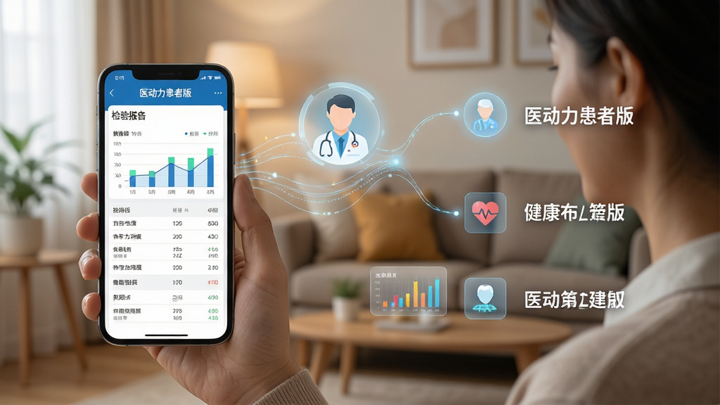 一幅展示“医动力患者版”电子报告查询功能的场景图,画面主体是一位用户手持手机,手机屏幕显示检验报告详情页面,包含数据图表和指标列表,背景为温馨的家庭环境,旁边有虚拟的医生图标和健康数据流动线条,布局为左右分栏,左侧手机展示,右侧功能标注,风格清新科技感,细节精致,画质清晰,干净无多余元素