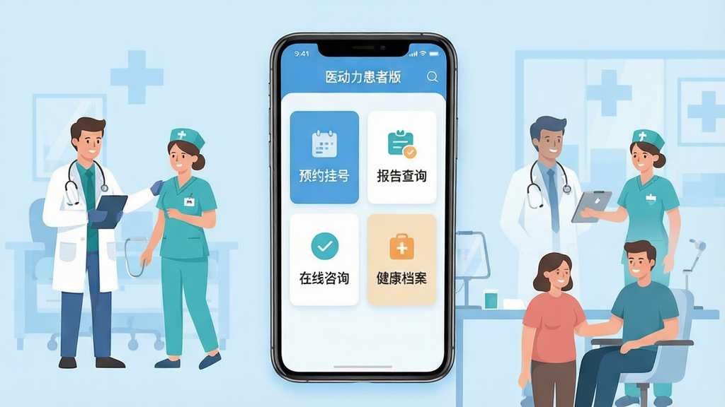 一幅展示医动力患者版核心界面的手机应用场景图,画面中央是一部竖屏智能手机,屏幕显示“医动力患者版”APP首页,包含预约挂号、报告查询、在线咨询、健康档案四个主要功能卡片,背景为简洁的浅蓝色医疗风格,周围环绕着医生、护士、患者和谐互动的扁平化插画元素,布局清晰,排版居中,风格现代简约,细节丰富,画质高清,干净无多余元素