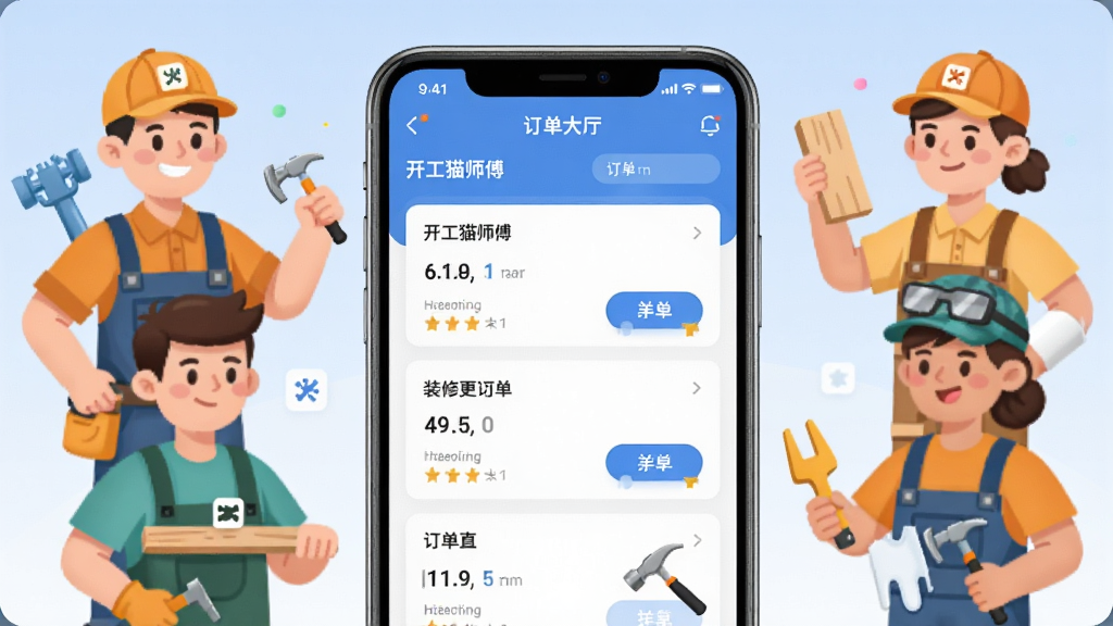 画面中央展示一部智能手机,手机屏幕显示开工猫师傅接单端APP的订单大厅界面,界面中有多个装修订单卡片和抢单按钮,手机周围环绕着水电工、木工、油漆工等不同工种的卡通人物形象,背景为浅蓝色渐变,布局采用居中构图,风格为扁平化科技插画,细节包括手机边框的光泽感、人物工具上的小图标,画质清晰,干净,无多余元素