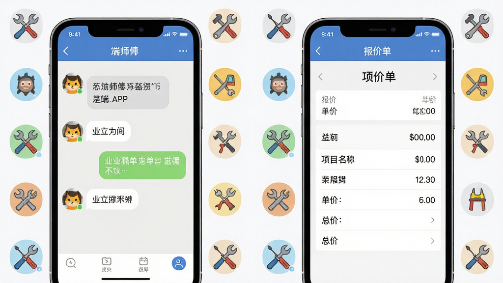 画面展示开工猫师傅接单端APP的聊天界面与报价单界面并排显示,左侧聊天窗口中有师傅与业主的对话气泡,右侧报价单显示项目名称、单价与总价,界面周围有工具图标装饰,布局为左右分栏,风格为移动端UI展示图,细节包括聊天气泡的圆角、报价单的表格线,画质清晰,干净,无多余元素