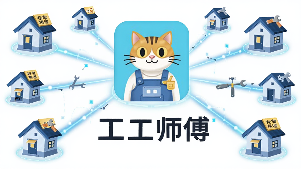 画面中心为开工猫师傅接单端APP的图标与名称文字,图标下方延伸出多条发光的线条连接至不同位置的房屋图标与工具图标,代表智能匹配周边订单,布局采用放射状结构,风格为现代科技感矢量图,细节包括线条上的数据流光点、房屋屋顶的装修标识,画质清晰,干净,无多余元素