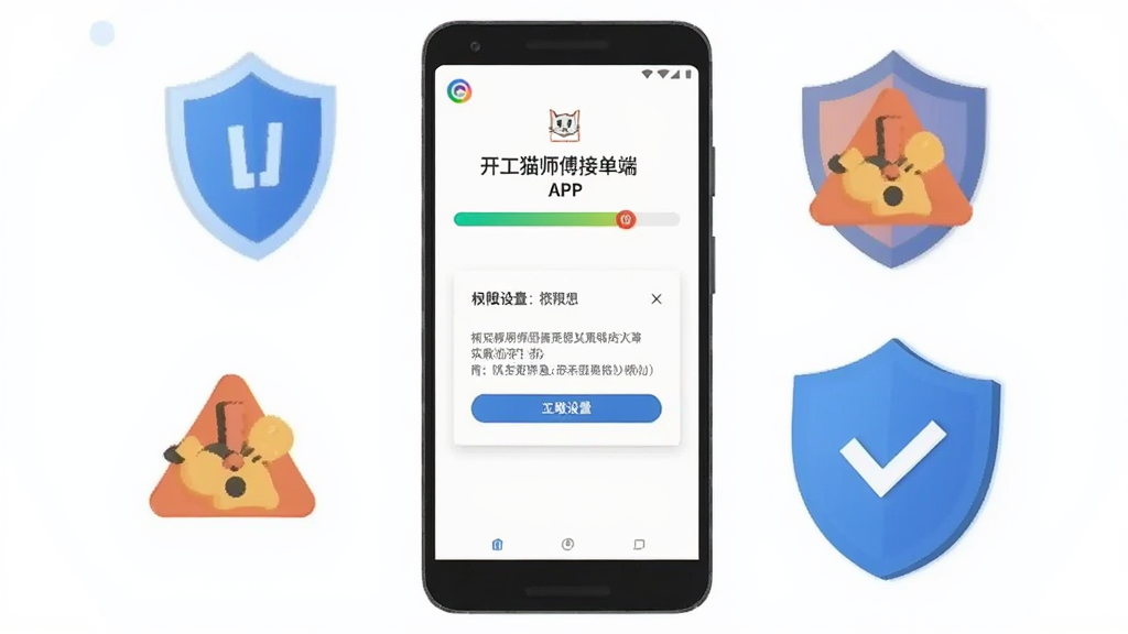 画面展示一部安卓手机正在安装开工猫师傅接单端APP,手机屏幕显示安装进度条与权限设置弹窗,手机旁边有盾牌图标与警告标志,布局为手机居中、图标环绕,风格为扁平化安全提示插画,细节包括进度条的渐变色彩、盾牌上的对勾,画质清晰,干净,无多余元素