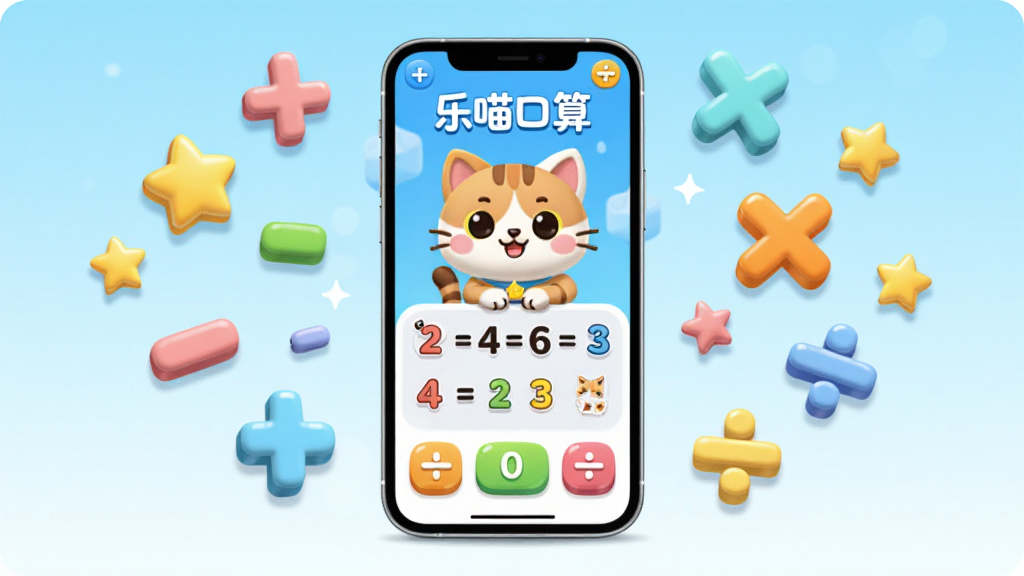 画面中央放置一部智能手机,手机屏幕显示“乐喵口算”主界面,界面中有卡通猫咪吉祥物、数字运算题目与彩色按钮,手机周围环绕漂浮的数字、加号、减号、乘号、除号与星星图标,背景为浅蓝色渐变,布局居中对称,风格为清新卡通教育类,细节包括圆角图标、柔和阴影、明亮色彩,画质高清,干净,无多余元素