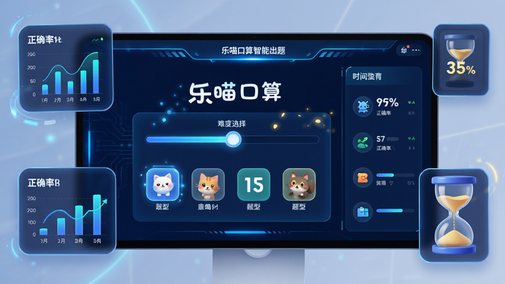 画面中央展示“乐喵口算”智能出题界面,屏幕中显示难度选择滑块与题型图标,周围环绕数据图表、正确率百分比、时间沙漏等元素,布局为左右分栏,左侧为题目区右侧为数据区,风格为科技感教育风,细节包括蓝色高亮线条、圆角卡片、数字动画效果,画质高清,干净,无多余元素