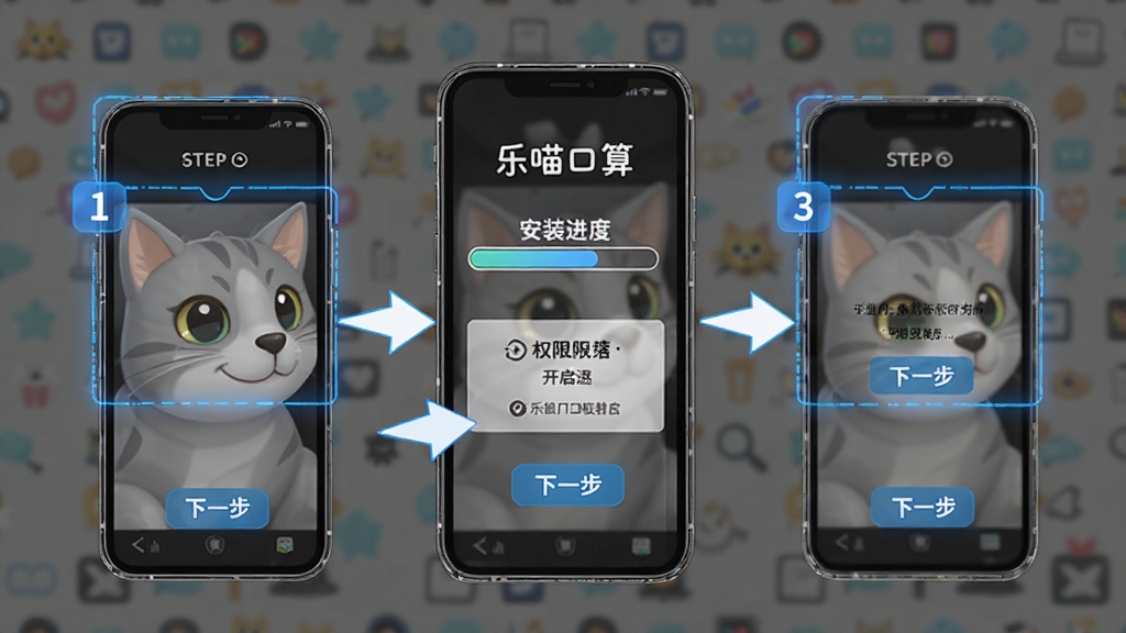 画面中央展示“乐喵口算”安装步骤示意图,手机屏幕显示安装进度条与权限开启界面,周围有箭头指向“下一步”按钮,布局为流程图样式,风格为简洁教程风,细节包括蓝色高亮框、步骤数字、手机轮廓,画质高清,干净,无多余元素