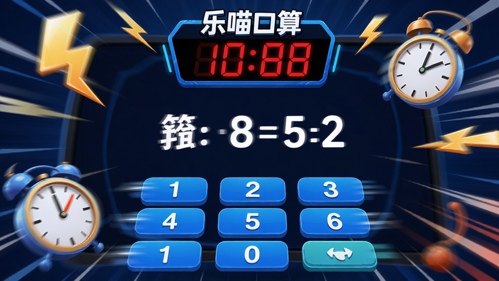 画面中央展示“乐喵口算”限时挑战界面,屏幕上方有倒计时数字,中间为一道口算题,下方有数字键盘,周围环绕闪电、时钟、速度线等元素,布局为居中聚焦,风格为动感竞技风,细节包括红色倒计时、蓝色按钮、动态模糊效果,画质高清,干净,无多余元素