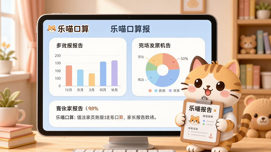 画面中央为“乐喵口算”家长报告界面,屏幕显示柱状图与饼图,图表旁有文字说明,一只卡通猫咪手持报告板,背景为温馨书房场景,布局为上下结构,上方图表下方文字,风格为简约教育风,细节包括柔和配色、圆角卡片、清晰数据标签,画质高清,干净,无多余元素