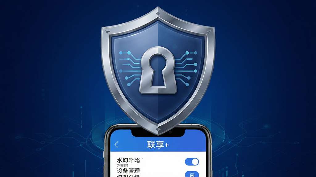 画面中央是一个盾牌形状的安全图标,盾牌内部有锁孔与数据流线条。盾牌下方是一部手机,屏幕显示“联享+”安全设置页面,包含水印开关、设备管理、权限分级等选项。背景为深蓝色渐变,带有细微的网格纹理,营造科技感与安全感。构图居中稳定。细节上盾牌有金属光泽,线条锐利。整体画质清晰,无杂乱元素。