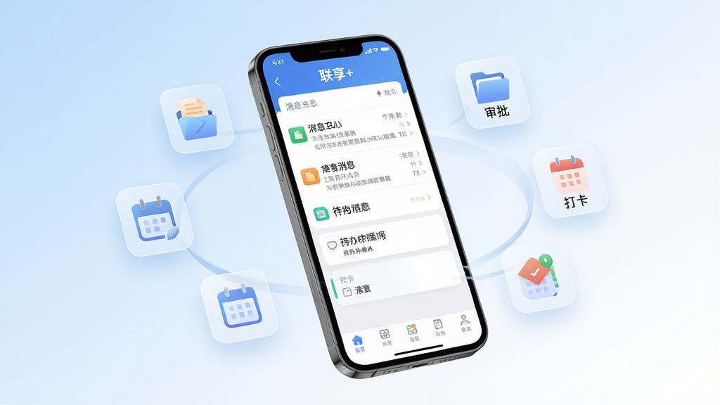 画面中央放置一部智能手机,屏幕显示“联享+”应用主界面,界面包含消息列表、待办事项卡片与底部导航栏。手机周围环绕半透明的浮动图标,代表文件、审批、打卡、日历等办公模块。背景为浅蓝色渐变至白色的简约商务风格,布局采用居中构图,手机略微倾斜展现立体感。细节上屏幕内文字清晰可辨,图标线条简洁圆润。整体画质干净清晰,无多余杂乱元素,风格现代专业。