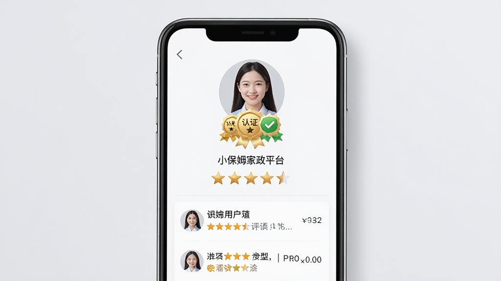 小保姆家政平台服务人员资质展示页面的AI生图,主体为手机屏幕显示服务人员个人主页,包含头像、认证徽章、评分星级和用户评价列表。背景为柔和浅灰色,布局居中突出手机屏幕内容。排版清晰有序,风格为简约商务风,细节上强调认证徽章的金色质感和评价文字的可读性,画质高清干净,无多余元素。