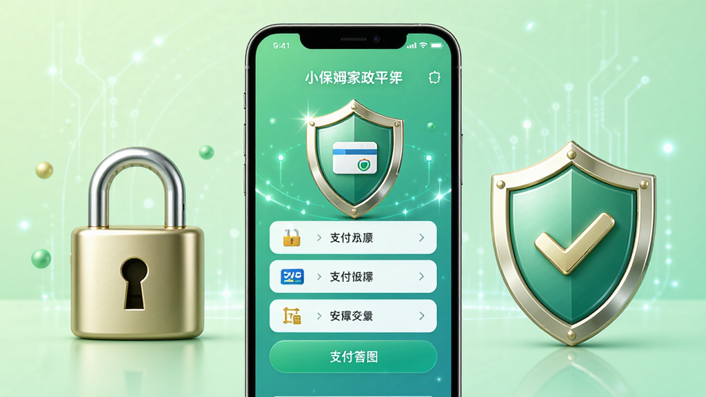 小保姆家政平台支付安全保障功能的AI生图,主体为手机屏幕展示支付方式选择界面和安全盾牌图标,背景为浅绿色柔和渐变。布局采用居中构图,手机两侧有锁和盾牌装饰元素。排版对称平衡,风格为安全可信的金融科技风,细节上突出盾牌的光泽感和支付图标的辨识度,画质高清干净,无多余元素。