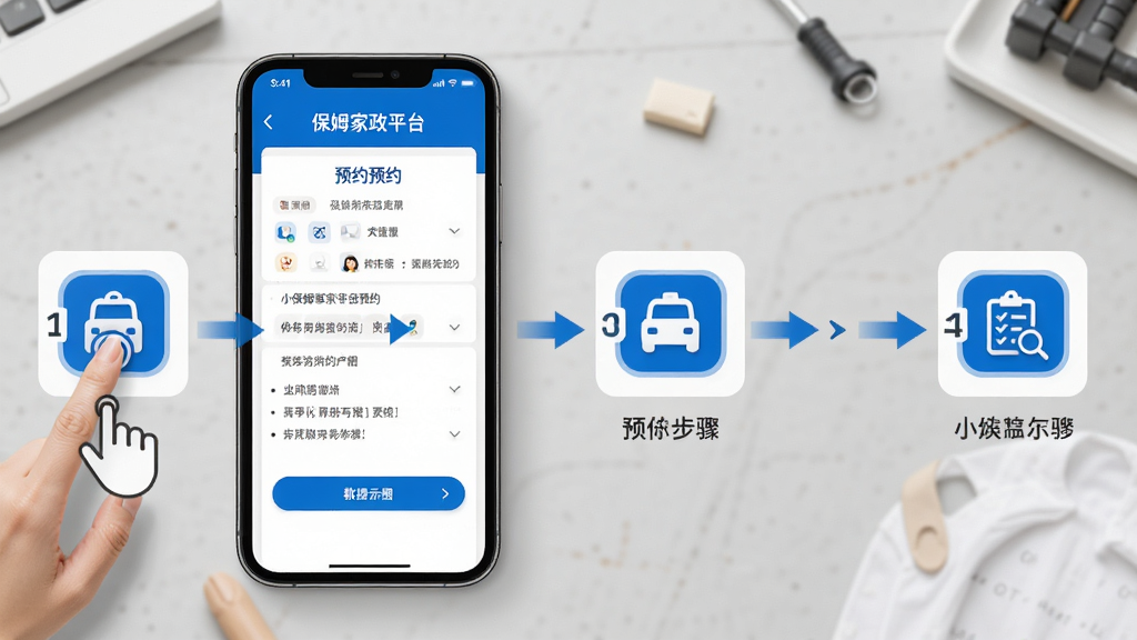 小保姆家政平台使用教程示意图的AI生图,主体为手机屏幕展示预约操作步骤截图,旁边有手指点击的示意图标。背景为浅灰色工作台面,布局采用从左到右的步骤流程排版。风格为教程说明风,细节上突出步骤序号和箭头指引,画质高清干净,无多余元素。