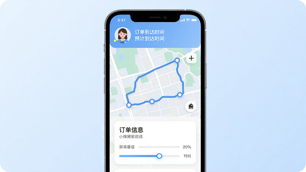 小保姆家政平台订单跟踪功能的AI生图,主体为手机屏幕展示订单地图轨迹和进度条,上方有服务人员头像和预计到达时间。背景为淡蓝色渐变,布局采用上下结构,上方为地图区域下方为订单信息卡片。排版清晰直观,风格为现代简约风,细节上突出地图轨迹线条和进度节点的视觉层次,画质高清干净,无多余元素。