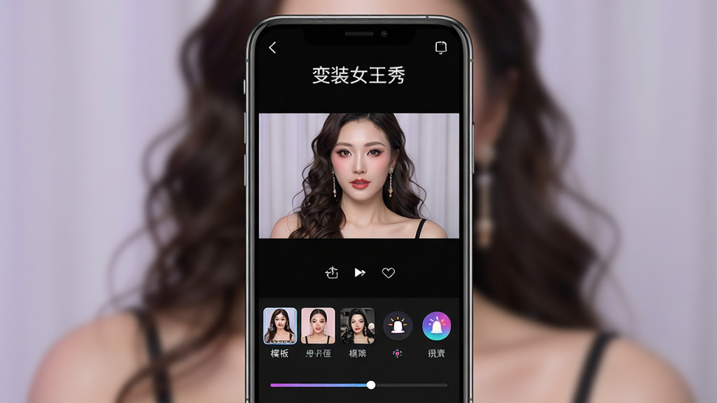 变装女王秀软件界面展示,主体为一部智能手机竖屏显示变装视频编辑界面,布局中央为视频预览区,下方为模板选择栏与滤镜按钮,排版简洁清晰,风格为现代科技感UI设计,细节包含变装前后对比缩略图、彩色特效图标、进度条,画质高清干净无多余元素,画面中文字标注