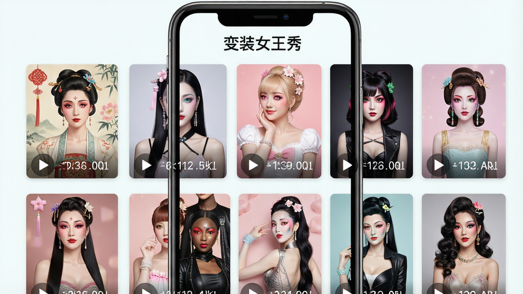 变装女王秀模板库界面,主体为手机屏幕展示多行网格排列的变装模板缩略图,布局采用三列网格,排版整齐,风格为清新浅色系UI,细节包含古风、现代、甜美、酷飒等不同风格封面图,每张缩略图带有播放按钮与时长标签,画质高清干净无多余元素,画面顶部文字