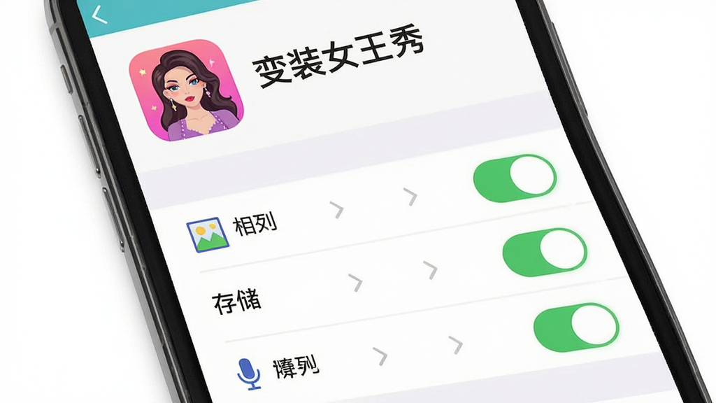 变装女王秀手机端安装与权限设置示意图,主体为手机屏幕展示权限管理界面,布局上方为软件图标与名称,下方为权限开关列表,排版简洁,风格为扁平化系统设置界面,细节包含相册、存储、麦克风权限开关,画质高清干净无多余元素,画面中文字