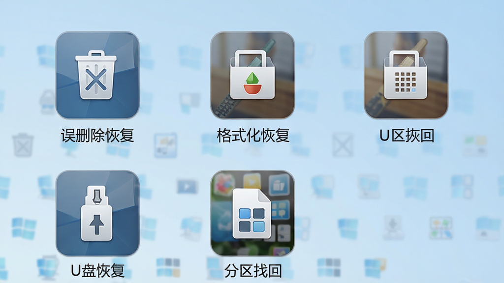 软件功能界面截图风格,画面中展示多个恢复模式图标排列,分别标注“误删除恢复”“格式化恢复”“U盘恢复”“分区找回”,背景为淡蓝色渐变,风格简洁商务,细节清晰,画质干净,无多余元素